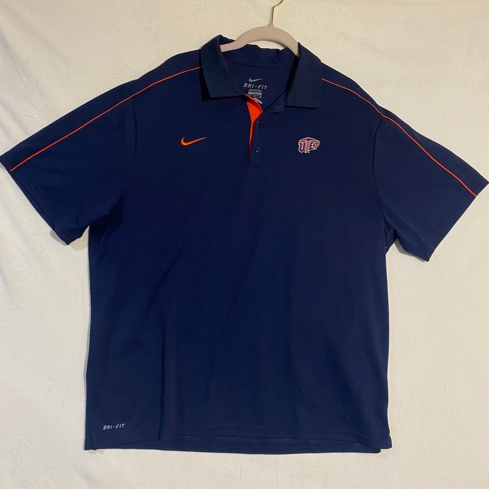 Nike Dri-FIT UTEP Miners Polo Shirt Mens XL Navy Blue Orange Embroidered NCAA